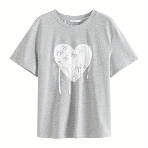 Heart Print Short Sleeve T-shirt, Casual Crew Neck Bow Decor Top For Spring & Summer, Women's Clothing