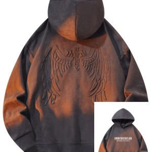 Men's Autumn And Winter Wings Pattern Letter Print Suede Hooded Long Sleeve Sweatshirt With A Kangaroo Pocket, Chic And Trendy Hoodie For Street Wear